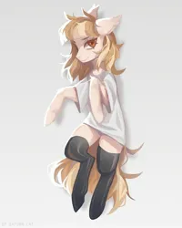 Size: 1728x2160 | Tagged: safe, artist:saturn cat, derpibooru import, oc, unofficial characters only, earth pony, pony, 2021, blonde mane, clothes, digital art, full body, gray background, image, jpeg, orange eyes, shirt, simple background, socks, solo, thigh highs