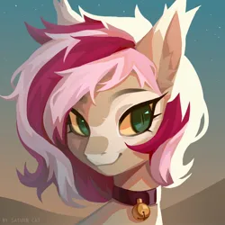 Size: 2000x2000 | Tagged: safe, artist:saturn cat, derpibooru import, oc, unofficial characters only, earth pony, pony, 2021, beige coat, bell, bell collar, bust, collar, colored sclera, detailed background, digital art, green eyes, image, jpeg, mottled coat, not roseluck, pink mane, portrait, smiling, solo, tan coat, two toned mane, yellow sclera