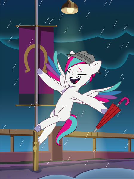 Size: 1528x2043 | Tagged: safe, artist:prixy05, derpibooru import, zipp storm, pegasus, pony, g5, my little pony: tell your tale, eyes closed, fedora, female, hat, image, lamppost, mare, maretime bay, png, rain, singin' in the rain, singing, solo, spread wings, umbrella, unitober 2024, wings