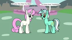 Size: 1920x1080 | Tagged: safe, artist:platinumdrop, derpibooru import, lyra heartstrings, twinkleshine, pony, unicorn, g4, commission, dialogue, duo, happy, horn, image, png, smiling, speech bubble, standing, talking