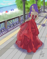 Size: 827x1046 | Tagged: safe, artist:tenshihoshino, derpibooru import, rarity, human, beach, beach umbrella, bedroom eyes, boardwalk, clothes, deviantart watermark, dress, eyeshadow, female, humanized, image, jpeg, makeup, obtrusive watermark, ocean, sand, solo, umbrella, water, watermark