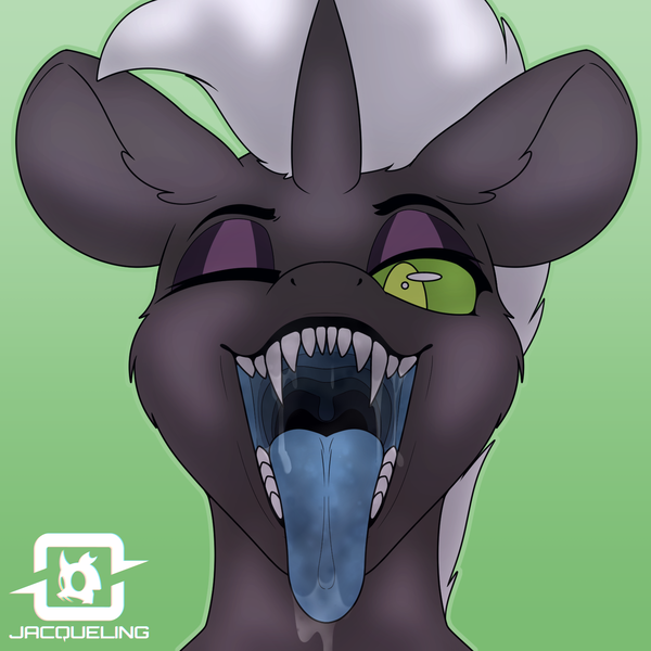 Size: 1500x1500 | Tagged: questionable, artist:burninggryphon, derpibooru import, oc, oc:jacqui sunshine, unofficial characters only, changeling, bust, changeling oc, drool, drool string, fangs, female, image, implied vore, mawshot, one eye closed, open mouth, png, portrait, solo, solo female, teeth, tongue out