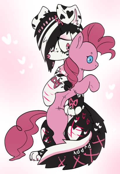 Size: 586x854 | Tagged: safe, artist:mawssacre, derpibooru import, pinkie pie, dog, pony, digital art, furry, hug, image, pinkie pie plushie, plushie, png, sparkledog