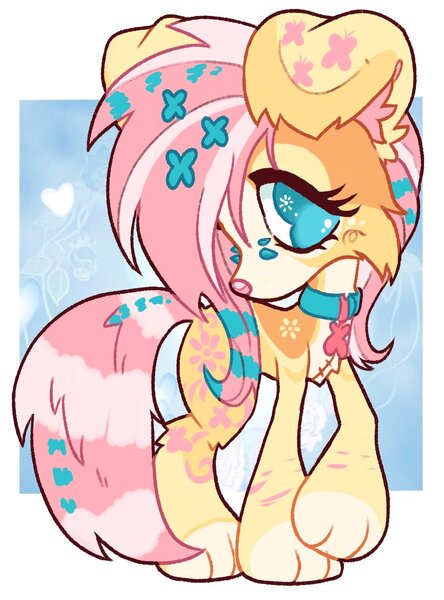 Size: 856x1156 | Tagged: safe, artist:mawssacre, derpibooru import, fluttershy, dog, blue eyes, cute, digital art, dogified, female, flutterdog, image, jpeg, pink hair, pink tail, shyabetes, solo, species swap, tail, yellow fur