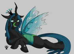 Size: 2400x1743 | Tagged: suggestive, artist:vendette, derpibooru import, queen chrysalis, changeling, g4, green tongue, image, insect wings, lidded eyes, long tongue, looking at you, lying down, png, sharp teeth, simple background, teeth, tongue out, wings