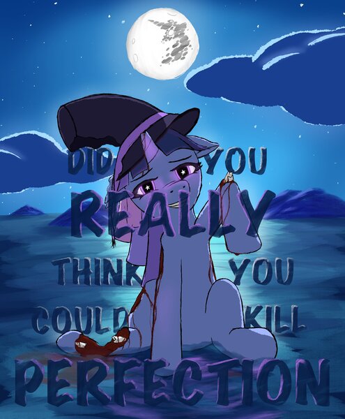 Size: 2371x2875 | Tagged: grimdark, artist:anomalousraven, derpibooru import, oc, oc:flawless sparklemoon, unofficial characters only, pony, unicorn, blood, bone, cloud, exposed bone, female, fusion, fusion:trixie, fusion:twilight sparkle, fusion:twixie, grin, hat, horn, image, jpeg, mare, mare in the moon, mare oc, moon, my little pony the movie: the death of twilight sparkle, smiling, solo, text, top hat, water