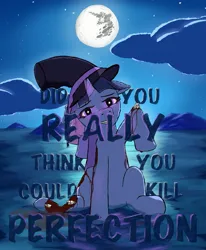 Size: 2371x2875 | Tagged: grimdark, artist:anomalousraven, derpibooru import, oc, oc:flawless sparklemoon, unofficial characters only, pony, unicorn, blood, bone, cloud, exposed bone, female, fusion, fusion:trixie, fusion:twilight sparkle, fusion:twixie, grin, hat, horn, image, jpeg, mare, mare in the moon, mare oc, moon, my little pony the movie: the death of twilight sparkle, smiling, solo, text, top hat, water