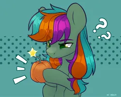 Size: 2048x1638 | Tagged: safe, artist:shelti, ponerpics import, oc, unofficial characters only, pony, female, holding, image, jpeg, mare, pumpkin, thinking