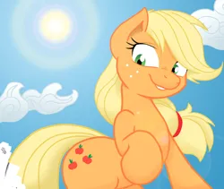 Size: 918x776 | Tagged: safe, artist:joey darkmeat, artist:starbolt-81, derpibooru import, applejack, pony, g4, cloud, cutie mark, day, eyelashes, female, image, lens flare, mare, png, sky, solo, sun