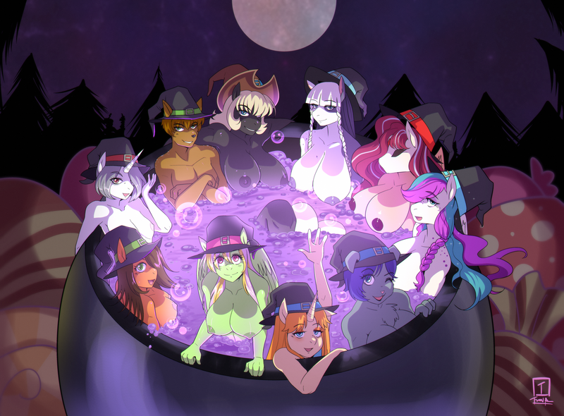 Size: 3583x2644 | Tagged: questionable, alternate version, artist:traupa, derpibooru import, oc, oc:chai honeybell, oc:clarabelle meadow, oc:k9, oc:lasso twirl, oc:lily aura, oc:mary lovelace, oc:melissa pitterpaw, oc:piper, oc:quickwing, oc:stagea, unofficial characters only, abyssinian, anthro, bat pony, bat pony unicorn, diamond dog, digitigrade anthro, earth pony, hybrid, pegasus, unguligrade anthro, unicorn, abyssinian oc, anthro oc, big breasts, breasts, busty oc, cauldron, commission, diamond dog oc, digital art, earth pony oc, fangs, female, females only, full moon, furry, furry oc, halloween, halloween 2024, hat, holiday, horn, hot tub, image, moon, nightmare night, nightmare night 2024, nipples, nudity, pegasus oc, png, slit pupils, unicorn oc, wings, witch, witch hat