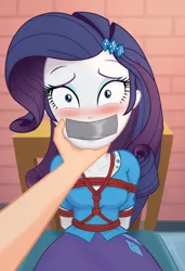 Size: 832x1216 | Tagged: suggestive, ai content, derpibooru import, generator:civitai, machine learning generated, prompter:drewdash2, rarity, human, equestria girls, g4, blushing, bondage, breasts, chair, clothes, cutie mark, cutie mark on clothes, female, gag, hand on chin, hands behind back, image, indoors, jpeg, offscreen character, rope, rope bondage, shibari, sitting, tape, tape gag