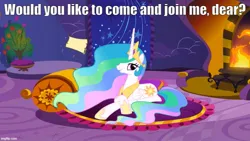 Size: 889x500 | Tagged: safe, derpibooru import, screencap, princess celestia, call of the cutie, g4, bronybait, caption, image, image macro, imgflip, jpeg, talking to viewer, text