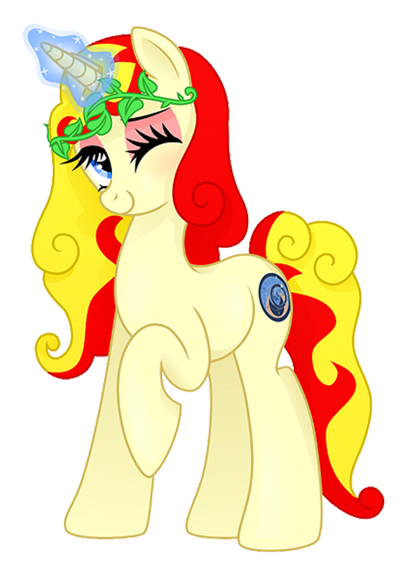 Size: 400x570 | Tagged: safe, artist:aya yai, derpibooru import, oc, oc:miss libussa, unofficial characters only, pony, unicorn, g4, czequestria, female, female oc, glow, glowing horn, horn, image, leaves, leaves in hair, looking at you, mare oc, one eye closed, png, pony oc, raised hoof, simple background, solo, transparent background, unicorn oc, wink, winking at you