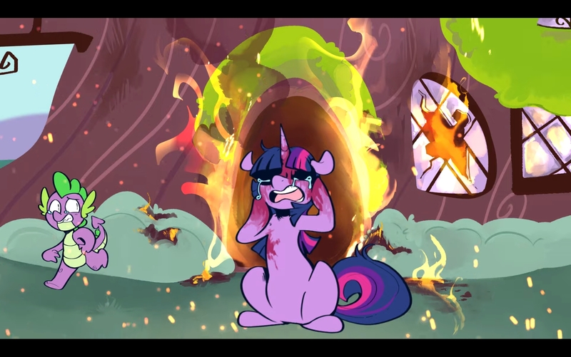 Size: 2800x1752 | Tagged: grimdark, artist:urbanqhoul, derpibooru import, screencap, spike, twilight sparkle, blood, burning, burning building, embers, evil twilight, fire, golden oaks library, image, insanity, jpeg, library, madness, murder, my little romance - princess, pmv, princewhateverer, rampage, teary eyes, tragedy, yelling