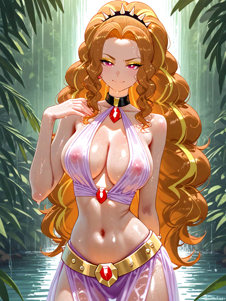 Size: 960x1280 | Tagged: questionable, ai content, derpibooru import, editor:sammykun, generator:pixai.art, machine learning generated, adagio dazzle, human, g4, bedroom eyes, belly, belly button, breasts, busty adagio dazzle, choker, cleavage, clothes, dress, ear piercing, earring, female, forest, glossy, gold, hands on head, humanized, image, jewelry, jpeg, jungle, long hair, looking at you, low angle, nature, nipples, nudity, outdoors, partially submerged, piercing, plants, pond, prompter:sammykun, reasonably sized breasts, seductive look, see-through, smiling, solo, stupid sexy adagio dazzle, tree, water, wet, wet clothes, wet hair, white dress, wide hips