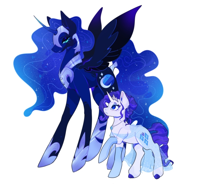 Size: 1280x1185 | Tagged: safe, artist:fhroggy, derpibooru import, nightmare moon, princess luna, rarity, alicorn, pony, unicorn, alternate hairstyle, alternate timeline, clothes, duo, ear piercing, earring, female, horn, image, jewelry, lesbian, mare, necklace, night maid rarity, nightmare takeover timeline, piercing, png, regalia, see-through, see-through skirt, ship:rariluna, shipping, simple background, skirt, slit pupils, socks, tail, tail wrap, transparent background