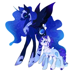 Size: 1280x1185 | Tagged: safe, artist:fhroggy, derpibooru import, nightmare moon, princess luna, rarity, alicorn, pony, unicorn, alternate hairstyle, alternate timeline, clothes, duo, ear piercing, earring, female, horn, image, jewelry, lesbian, mare, necklace, night maid rarity, nightmare takeover timeline, piercing, png, regalia, see-through, see-through skirt, ship:rariluna, shipping, simple background, skirt, slit pupils, socks, tail, tail wrap, transparent background