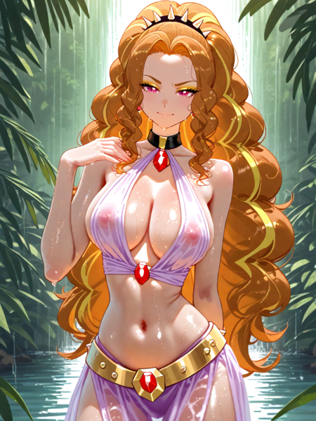 Size: 960x1280 | Tagged: questionable, ai content, derpibooru import, editor:sammykun, generator:pixai.art, machine learning generated, adagio dazzle, human, g4, bedroom eyes, belly, belly button, breasts, busty adagio dazzle, choker, cleavage, clothes, dress, ear piercing, earring, female, forest, glossy, gold, hands on head, humanized, image, jewelry, jungle, long hair, looking at you, low angle, nature, nipples, nudity, outdoors, partially submerged, piercing, plants, png, pond, prompter:sammykun, reasonably sized breasts, seductive look, see-through, smiling, solo, stupid sexy adagio dazzle, tree, water, wet, wet clothes, wet hair, white dress, wide hips