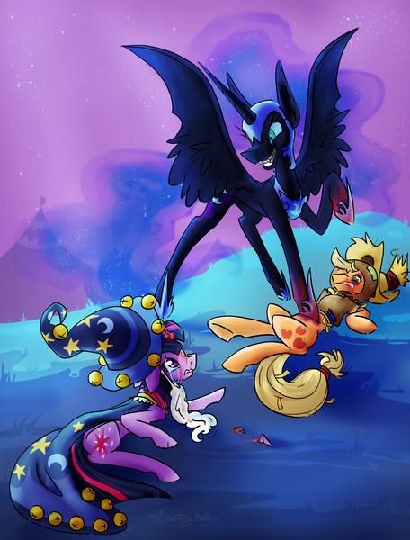 Size: 1988x2616 | Tagged: semi-grimdark, artist:destiny_manticor, derpibooru import, applejack, nightmare moon, twilight sparkle, alicorn, earth pony, pony, unicorn, g4, abuse, alternate timeline, black eye, bleeding, blood, bloody mouth, broken horn, cape, clothes, commission, cosplay, costume, crying, evil, evil grin, fangs, fear, female, food, grin, hat, helmet, horn, image, jackabuse, jewelry, looking at each other, looking at someone, lying down, mare, mlp fim's fourteenth anniversary, muffin, night, night sky, nightmare night, nightmare night costume, nosebleed, open mouth, open smile, pain, png, ponyville, prone, regalia, scarecrow, scared, sky, smiling, spread wings, star swirl the bearded costume, stepped on, tears of fear, tears of pain, trio, twilight the bearded, twilybuse, unicorn twilight, victorious villain, wings