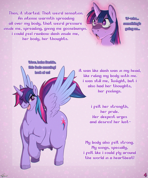 Size: 2500x3000 | Tagged: questionable, artist:toby_art, derpibooru import, paywalled source, rainbow dash, twilight sparkle, twilight sparkle (alicorn), alicorn, pony, comic:twilight sparkle and the curse of the hungry cunt, g4, absorption, assimilation, bedroom eyes, belly, big belly, big crotchboobs, crotchboobs, dialogue, fat, female, fusion, fusion:rainbow dash, fusion:twilight sparkle, glow, glowing eyes, image, looking back, magic, magic aura, mare, nipples, nudity, open mouth, open smile, paywall content, png, post-vore, smiling, solo, solo female, spread wings, story included, sweat, thighs, thunder thighs, vore, wings