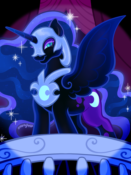 Size: 1800x2400 | Tagged: safe, artist:sparkytopia, derpibooru import, nightmare moon, alicorn, pony, g4, armor, black coat, blue mane, eyeshadow, female, flowing hair, image, indoors, looking at you, makeup, mare, mlp fim's fourteenth anniversary, png, solo, spotlight, spread wings, summer sun celebration, wings