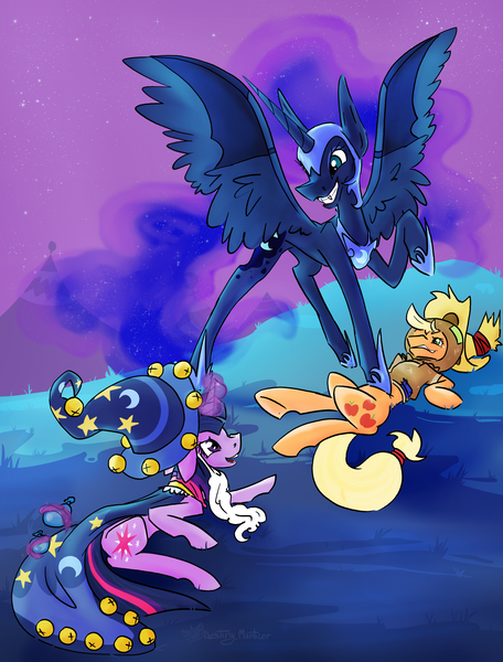 Size: 1988x2616 | Tagged: safe, artist:destiny_manticor, derpibooru import, applejack, nightmare moon, twilight sparkle, alicorn, earth pony, pony, unicorn, g4, cape, clothes, commission, cosplay, costume, ethereal mane, ethereal tail, evil grin, fake fangs, fangs, female, grin, hat, helmet, horn, image, jewelry, looking at each other, looking at someone, lying down, magic, mare, mlp fim's fourteenth anniversary, night, night sky, nightmare moon costume, nightmare night, nightmare night costume, open mouth, open smile, playing, png, ponyville, prone, regalia, roleplay, scarecrow, sky, smiling, spread wings, star swirl the bearded costume, stepped on, tail, telekinesis, trio, twilight the bearded, unicorn twilight, water balloon, wings