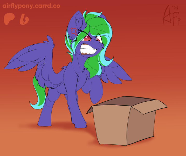 Size: 1600x1338 | Tagged: safe, artist:airfly-pony, derpibooru import, oc, oc:weldbead, pegasus, 2021, angry, box, female, image, patreon, patreon reward, png, raised hoof, spread wings, wings