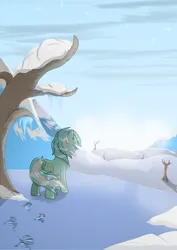 Size: 1024x1448 | Tagged: safe, artist:dusk-spark, derpibooru import, lyra heartstrings, unicorn, g4, hoofprints, horn, image, png, scenery, snow, solo, tree