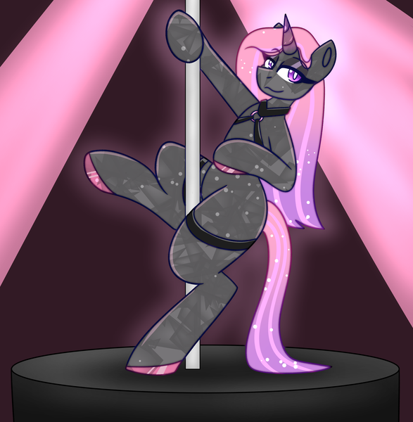 Size: 4312x4408 | Tagged: oc name needed, suggestive, artist:askhypnoswirl, derpibooru import, oc, unofficial characters only, unicorn, clothes, commission, female, harness, horn, image, png, pole dancing, socks, solo, solo female, stage, stage light, stripper pole, tack, thigh highs