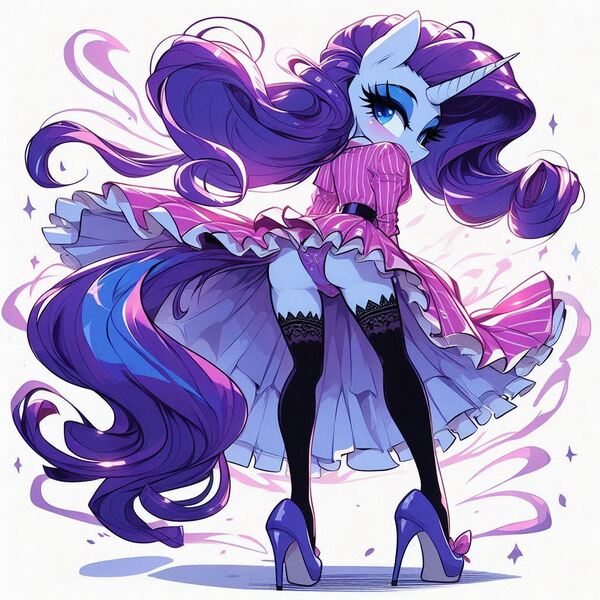 Size: 1024x1024 | Tagged: suggestive, ai content, derpibooru import, machine learning generated, prompter:glimmy-glam, rarity, anthro, g4, belt, blushing, bow, butt, clothes, dress, fashion, female, generator:dall-e 3, high heels, image, jpeg, long sleeves, looking at you, looking back, looking back at you, panties, panty shot, shoes, simple background, skirt, skirt lift, socks, solo, solo female, sparkles, stiletto heels, stockings, stupid sexy rarity, thigh highs, underwear, upskirt, vintage, wind, windswept mane