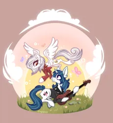 Size: 2927x3184 | Tagged: safe, derpibooru import, oc, butterfly, insect, pegasus, unicorn, commission open, cvpid13, guitar, height difference, horn, image, interracial, musical instrument, patreon, pegasus oc, png, shipping, unicorn oc, wholesome, wings