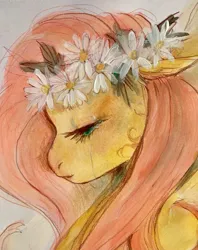 Size: 1707x2159 | Tagged: safe, artist:swollenbabyfat, derpibooru import, fluttershy, pegasus, pony, g4, crying, failgirl fluttershy, female, floral head wreath, flower, image, jpeg, mare, solo