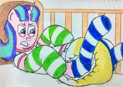 Size: 3029x2150 | Tagged: suggestive, artist:bitter sweetness, derpibooru import, starlight glimmer, unicorn, g4, abdl, adult foal, bed, clothes, diaper, diaper fetish, father and child, father and daughter, female, fetish, horn, image, jpeg, laying on bed, lying down, male, non-baby in diaper, on bed, pissing, poofy diaper, simple background, socks, striped socks, traditional art, urine, wetting, wetting diaper, white background