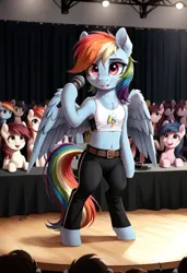 Size: 800x1169 | Tagged: safe, ai content, derpibooru import, machine learning generated, prompter:gregorymars, stable diffusion, rainbow dash, pegasus, pony, semi-anthro, g4, 8 mile, belly, belly button, belt, bipedal, clothes, crowd, female, generator:pony diffusion v6 xl, image, indoors, jpeg, mare, microphone, pants, rap battle, solo, sports bra, spread wings, stage, standing, wings