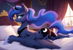 Size: 2248x1536 | Tagged: safe, ai content, anonymous prompter, derpibooru import, machine learning generated, princess luna, alicorn, pony, g4, bed, butt, chest fluff, ear fluff, feathered wings, female, freckles, image, indoors, looking at you, lying down, mare, on bed, png, prone, side view, smiling, solo, underhoof, wings