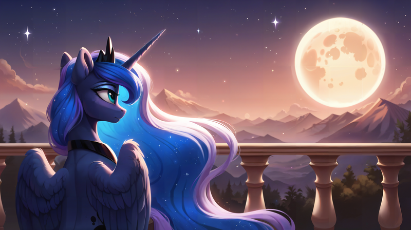 Size: 6400x3584 | Tagged: safe, ai content, derpibooru import, machine learning generated, princess luna, alicorn, pony, g4, ear fluff, female, image, mare, moon, mountain, mountain range, outdoors, partially open wings, png, solo, stars, wings