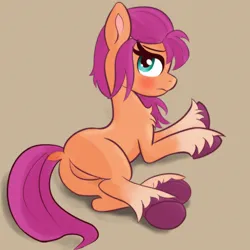 Size: 3500x3500 | Tagged: safe, artist:psfmer, derpibooru import, sunny starscout, earth pony, pony, g5, alternate hairstyle, butt, coat markings, dock, female, freckles, high res, image, looking at you, mare, missing cutie mark, plot, png, simple background, socks (coat marking), solo, sunny starbutt, tail, tail aside, tan background, unamused, unshorn fetlocks