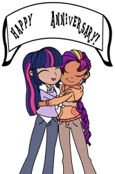 Size: 730x1098 | Tagged: safe, artist:darktailsko, artist:icey-wicey-1517, derpibooru import, sunny starscout, twilight sparkle, human, g4, g5, banner, clothes, collaboration, colored, cute, denim, duo, duo female, eyes closed, female, generation leap, hoodie, hug, humanized, image, jeans, lesbian, mane stripe sunny, mlp fim's fourteenth anniversary, open mouth, pants, png, ship:twiscout, shipping, shirt, simple background, sweater vest, transparent background