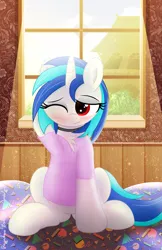 Size: 2401x3700 | Tagged: safe, artist:rainbowšpekgs, derpibooru import, vinyl scratch, pony, unicorn, g4, bed, blushing, choker, clothes, horn, image, morning, morning ponies, on bed, one eye closed, png, shirt, sleepy, smiling, stretching, t-shirt, window, wrong eye color