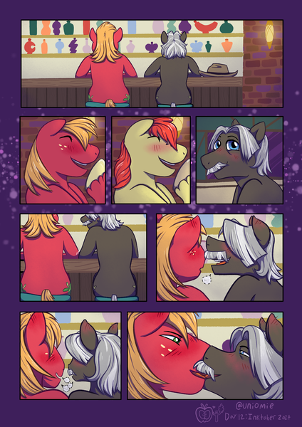 Size: 2480x3508 | Tagged: questionable, artist:uniomie, derpibooru import, big macintosh, bright mac, burnt oak, earth pony, pony, g4, bar, bar stool, blushing, comic, facial hair, freckles, french kiss, image, inktober, inktober 2024, kissing, laughing, moustache, png, ponytober, ponytober 2024, ship:burntmac, shipping, whispering