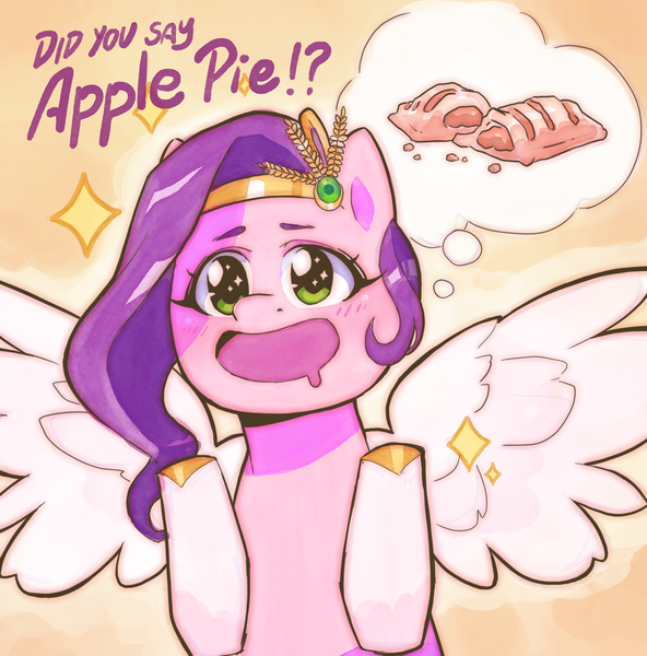 Size: 1516x1536 | Tagged: safe, artist:frank3dz, derpibooru import, pipp petals, pegasus, pony, g5, adorapipp, apple, apple pie, bust, cute, dialogue, drool, female, food, image, mare, pie, png, solo, spread wings, thought bubble, wings