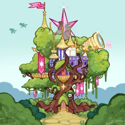 Size: 4000x4000 | Tagged: safe, artist:softpinkpony, artist:softpinkscribbles, pegasus, pony, g4, absurd resolution, banner, flying, fusion, golden oaks library, image, jpeg, library, redesign, scenery, signature, silhouette, telescope, tree, twilight's castle