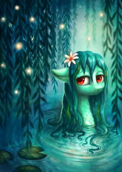 Size: 2059x2912 | Tagged: safe, artist:drawirm, derpibooru import, oc, oc:dulset tarn, unofficial characters only, kelpie, pony, chest fluff, ear fluff, female, floppy ears, flower, flower in hair, fluffy, image, lidded eyes, lilypad, looking at you, looking back, mare, messy mane, nature, neck fluff, png, smiling, solo, water