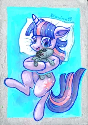 Size: 2052x2923 | Tagged: safe, artist:drawirm, derpibooru import, smarty pants, twilight sparkle, pony, unicorn, g4, acrylic painting, cuddling, cute, female, floppy ears, horn, image, lying down, mare, on back, pillow, png, traditional art, twiabetes, unicorn twilight