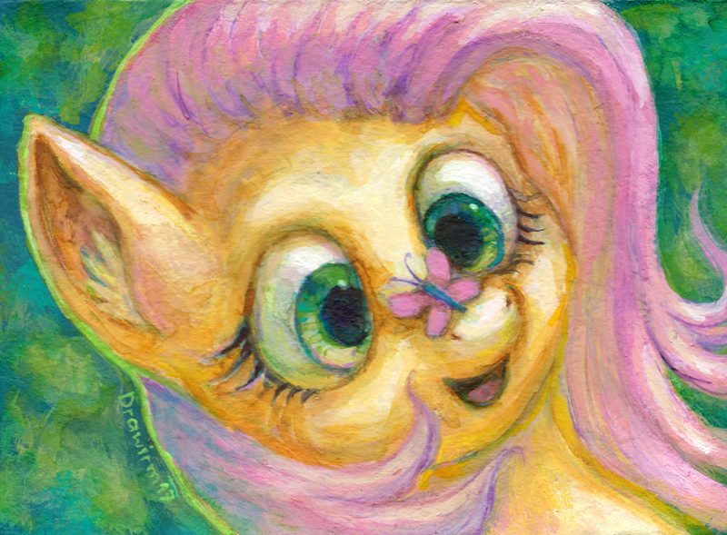 Size: 2853x2102 | Tagged: safe, artist:drawirm, derpibooru import, fluttershy, butterfly, insect, pegasus, pony, g4, acrylic painting, bust, butterfly on nose, ear fluff, female, image, insect on nose, looking at something, mare, open mouth, open smile, png, portrait, smiling, solo, traditional art