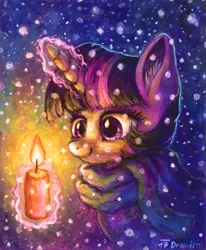 Size: 2221x2699 | Tagged: safe, artist:drawirm, derpibooru import, twilight sparkle, pony, g4, candle, clothes, female, glow, glowing horn, horn, image, magic, mare, png, scarf, smiling, snow, solo, telekinesis, traditional art