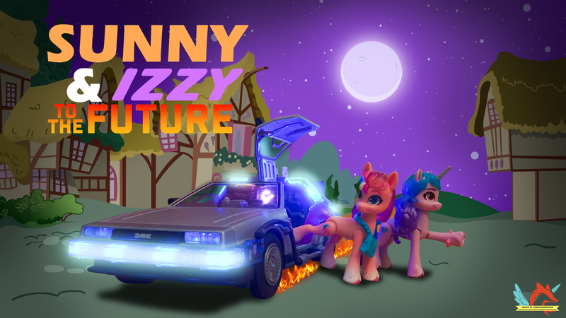 Size: 3840x2160 | Tagged: safe, artist:ejlightning007arts, derpibooru import, izzy moonbow, sunny starscout, earth pony, pony, unicorn, g5, back to the future, bag, bracelet, car, crossover, delorean, figure, handbag, horn, image, jewelry, moon, night, photoshop, png, ponyville, tail, tail of fire, time travel, toy, watermark