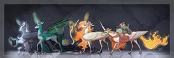 Size: 2630x868 | Tagged: dead source, safe, alternate version, artist:begasus, derpibooru import, daybreaker, nightmare moon, nightmare star, queen chrysalis, alicorn, changeling, changeling queen, pony, g4, bag, christmas, day star, female, glow, glowing horn, holiday, horn, image, jewelry, lesbian, magic, mare, png, quill, regalia, saddle bag, scroll, ship:chrysmoon, shipping, shopping, telekinesis, wings