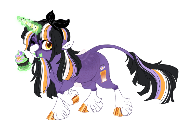 Size: 4716x3275 | Tagged: safe, artist:gigason, derpibooru import, oc, oc:soot sayer, classical unicorn, pony, unicorn, adoptable, bangs, big eyes, black bow, black mane, black tail, brown pupils, chewing, cloven hooves, coat markings, colored eyebrows, colored hooves, colored horn, colored muzzle, colored pinnae, colored pupils, cupcake, eating, eye clipping through hair, eyebrows, eyebrows visible through hair, eyelashes, facial markings, female, female oc, floppy ears, food, glow, glowing horn, gold hooves, golden eyes, gradient legs, gradient muzzle, green magic, hair accessory, halloween, headband, holiday, hooves, horn, image, leonine tail, looking at you, magic, mane accessory, mare, mare oc, mask (coat marking), messy face, multicolored mane, multicolored tail, obtrusive watermark, one eye closed, orange eyes, png, purple coat, raised hoof, shiny eyes, shiny hooves, simple background, smiling, smiling at you, socks (coat marking), solo, standing, standing on three hooves, straight mane, straight tail, stripe, striped horn, tail, telekinesis, thick eyelashes, three quarter view, transparent background, unicorn horn, unicorn oc, unshorn fetlocks, watermark