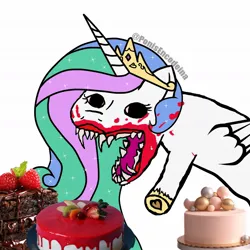 Size: 1260x1260 | Tagged: safe, artist:rsa.fim, derpibooru import, part of a set, princess celestia, alicorn, pony, g4, ponyville confidential, eating, image, jpeg, meme, messy eating, solo, that pony sure does love cakes